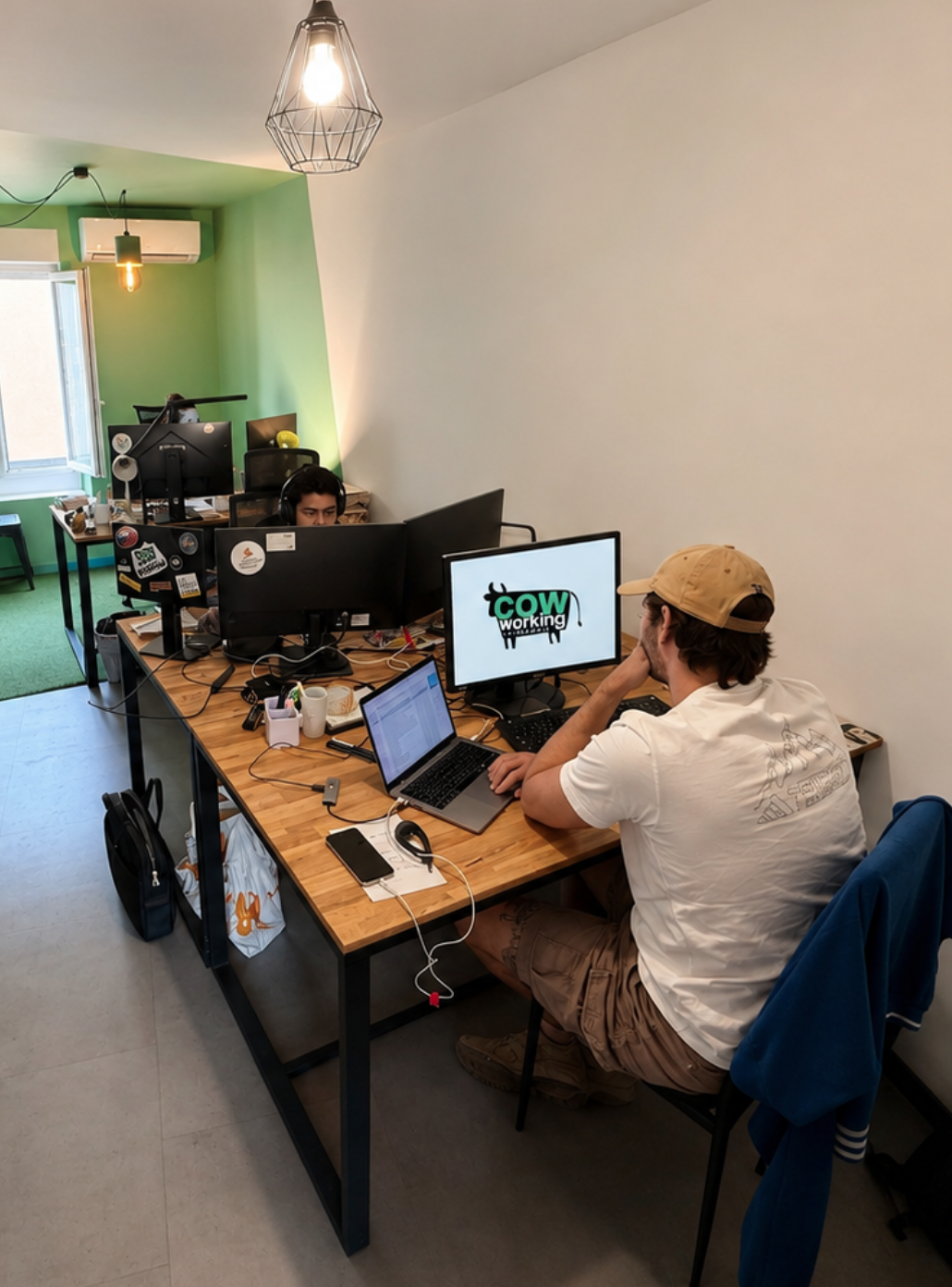 Grand open space lumineux avec plusieurs postes de travail et table centrale